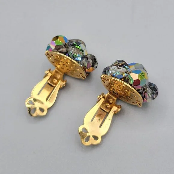 Colorful AB Aurora Borealis Beaded Small Clip On Earrings Gold Tone Vtg - Picture 5 of 6
